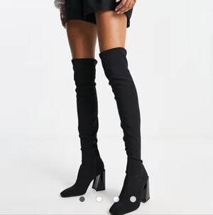 Bershka Black Over-the-Knee Stretch Block Heel Boots
